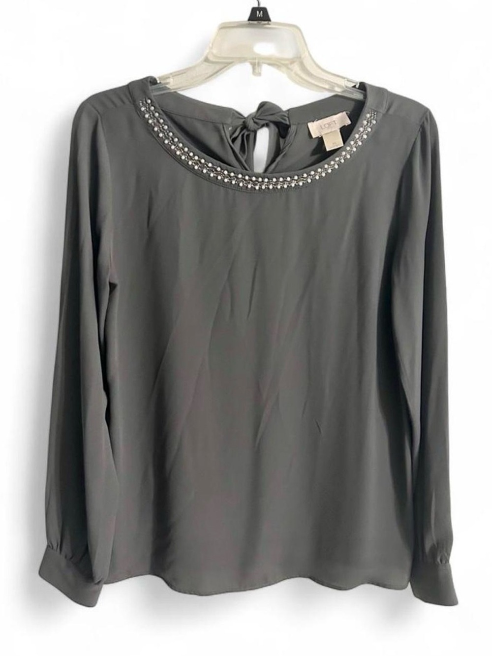 LOFT Gray Jewel-Trim Long Sleeve Blouse